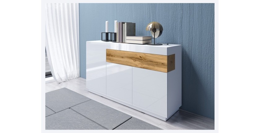 Buffet, bahut, enfilade KILES trois portes et un tiroir. Coloris blanc et chêne. Style design