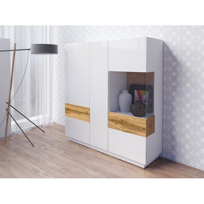 Buffet haut KILES trois portes avec LED. Coloris blanc et chêne. Style design