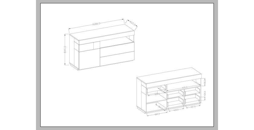 Buffet collection KILES 170cm, LED intégré. Coloris blanc et chêne. Style design