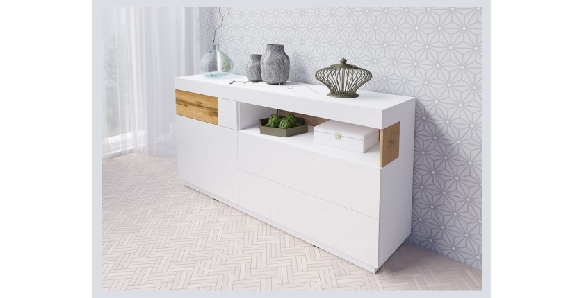 Buffet collection KILES 170cm, LED intégré. Coloris blanc et chêne. Style design