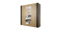 Armoire 200cm. 2 portes coulissantes avec miroirs couleur chêne clair et noir. Collection FOX
