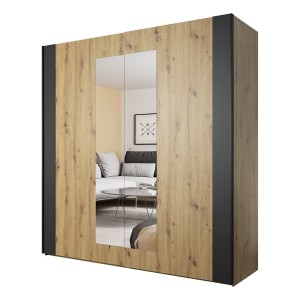 Armoire 200cm. 2 portes coulissantes avec miroirs couleur chêne clair et noir. Collection FOX