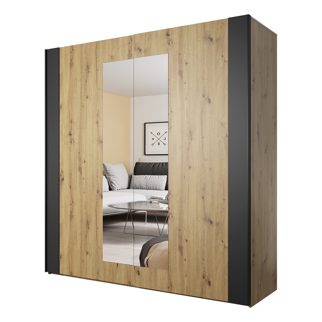 Armoire 200cm. 2 portes coulissantes avec miroirs couleur chêne clair et noir. Collection FOX