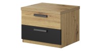 Table de chevet deux tiroirs, collection FOX. Coloris chêne clair et noir.