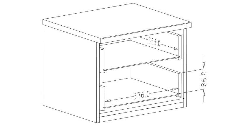 Table de chevet deux tiroirs, collection FOX. Coloris chêne clair et noir.