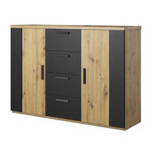 Commode design 2 portes et 4 tiroirs 130cm. Collection FOX coloris chêne clair et noir.