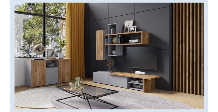 Composition de meubles design pour salon coloris gris et chêne collection ASTY.
