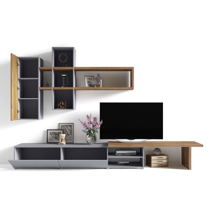 Composition de meubles design pour salon coloris gris et chêne collection ASTY.