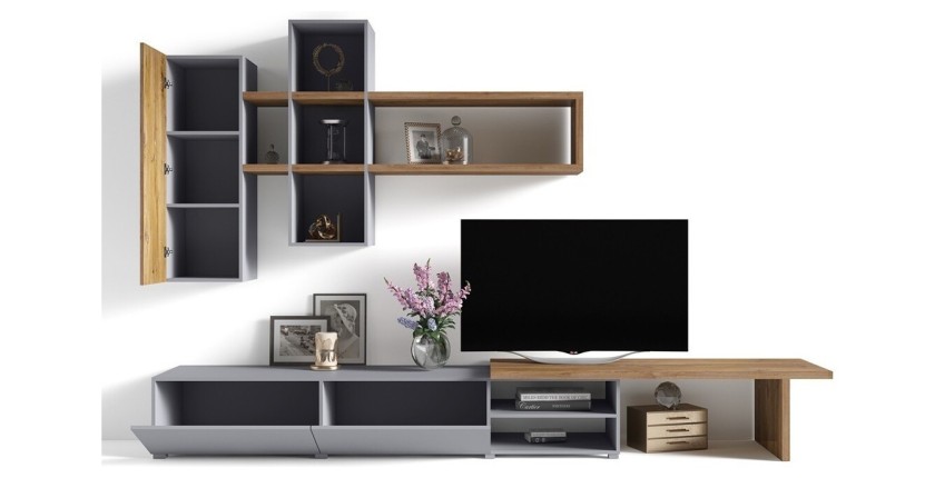 Composition de meubles design pour salon coloris gris et chêne collection ASTY.