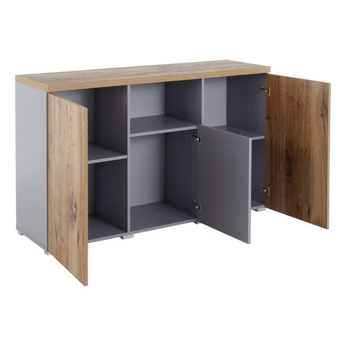 Buffet 130cm collection ASTY trois portes et une niche. Coloris gris et chêne.