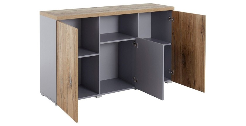 Buffet 130cm collection ASTY trois portes et une niche. Coloris gris et chêne.