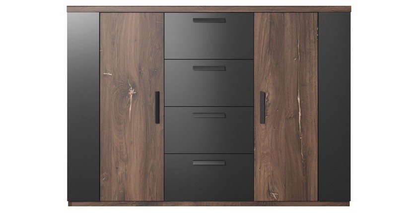 Chambre à coucher complète FOX: Armoire 200cm, Lit 180x200, commode, chevets. Couleur chêne foncé et noir