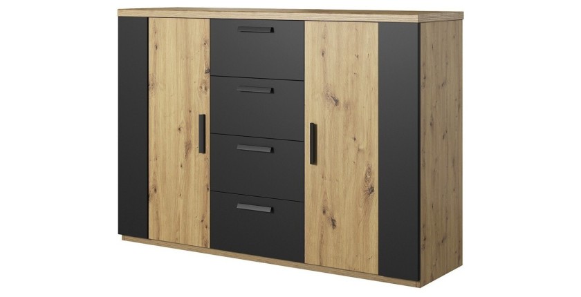 Chambre à coucher complète FOX : Lit coffre 160x200, Armoire 200cm, commode, chevets. Couleur chêne clair et noir