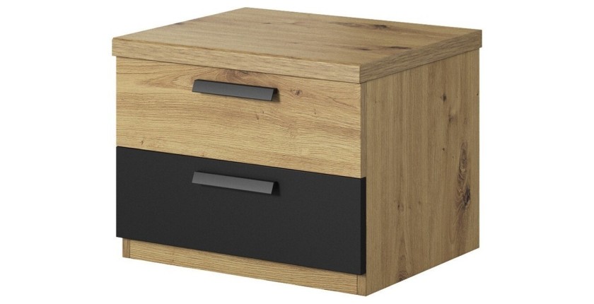Chambre à coucher complète FOX : Lit coffre 160x200, Armoire 200cm, commode, chevets. Couleur chêne clair et noir