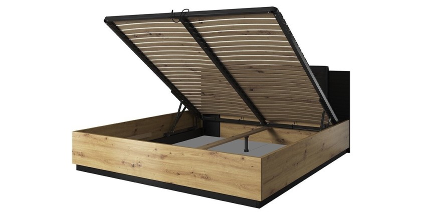 Chambre à coucher complète FOX : Lit coffre 160x200, Armoire 200cm, commode, chevets. Couleur chêne clair et noir
