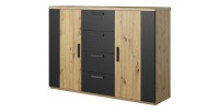 Chambre à coucher complète FOX : Armoire 200cm, Lit 180x200, commode, chevets. Couleur chêne clair et noir.
