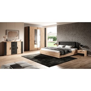 Chambre à coucher complète FOX : Lit coffre 180x200, Armoire, commode et chevets. Couleur chêne clair et noir