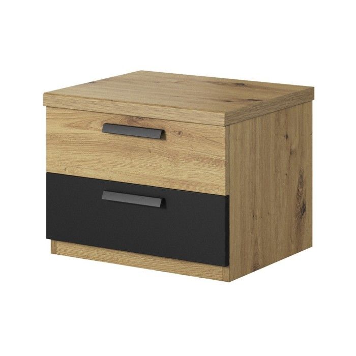 Chambre à coucher complète FOX : Lit coffre 180x200, Armoire, commode et chevets. Couleur chêne clair et noir