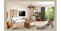 Buffet 140cm design pour salon couleur blanc et chêne collection HARLEM.