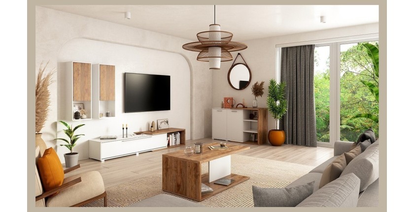 Buffet 140cm design pour salon couleur blanc et chêne collection HARLEM.
