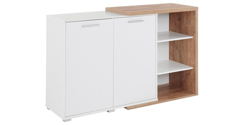 Buffet 140cm design pour salon couleur blanc et chêne collection HARLEM.