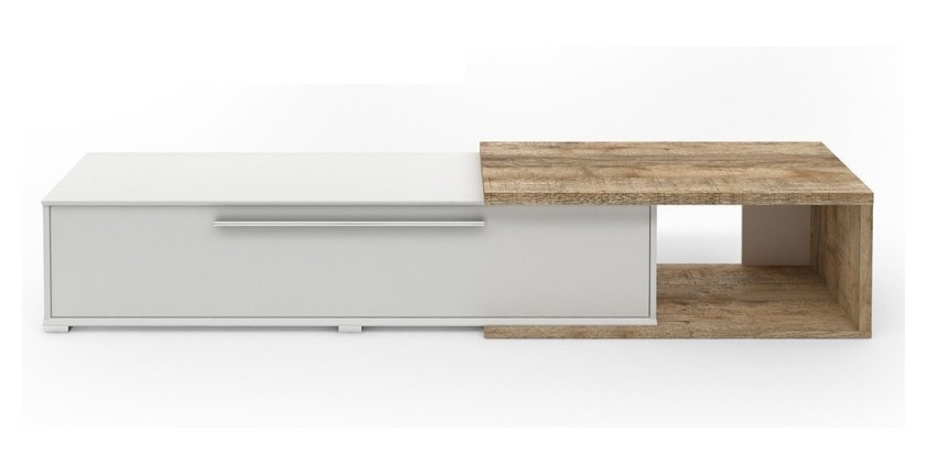 Meuble TV extensible et inclinable de 183 à 250cm collection HARLEM. Couleur blanc et chêne.