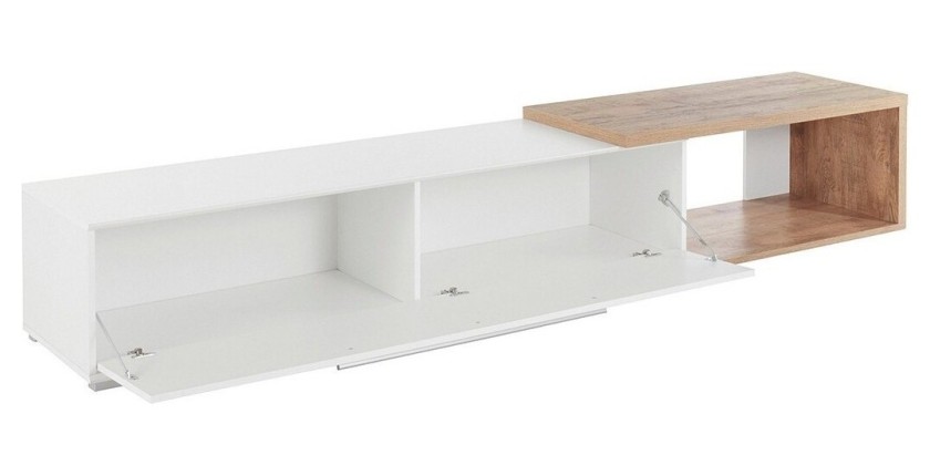 Meuble TV extensible et inclinable de 183 à 250cm collection HARLEM. Couleur blanc et chêne.