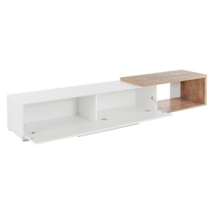 Meuble TV extensible et inclinable de 183 à 250cm collection HARLEM. Couleur blanc et chêne.