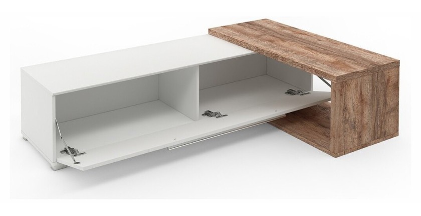 Meuble TV extensible et inclinable de 183 à 250cm collection HARLEM. Couleur blanc et chêne.