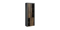 Vitrine haute design, 2 portes collection BELMONT. Couleur chêne foncé et gris.