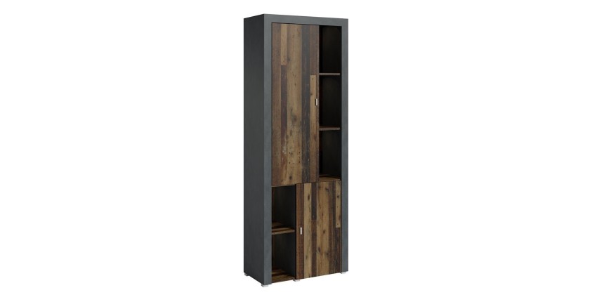 Vitrine haute design, 2 portes collection BELMONT. Couleur chêne foncé et gris.