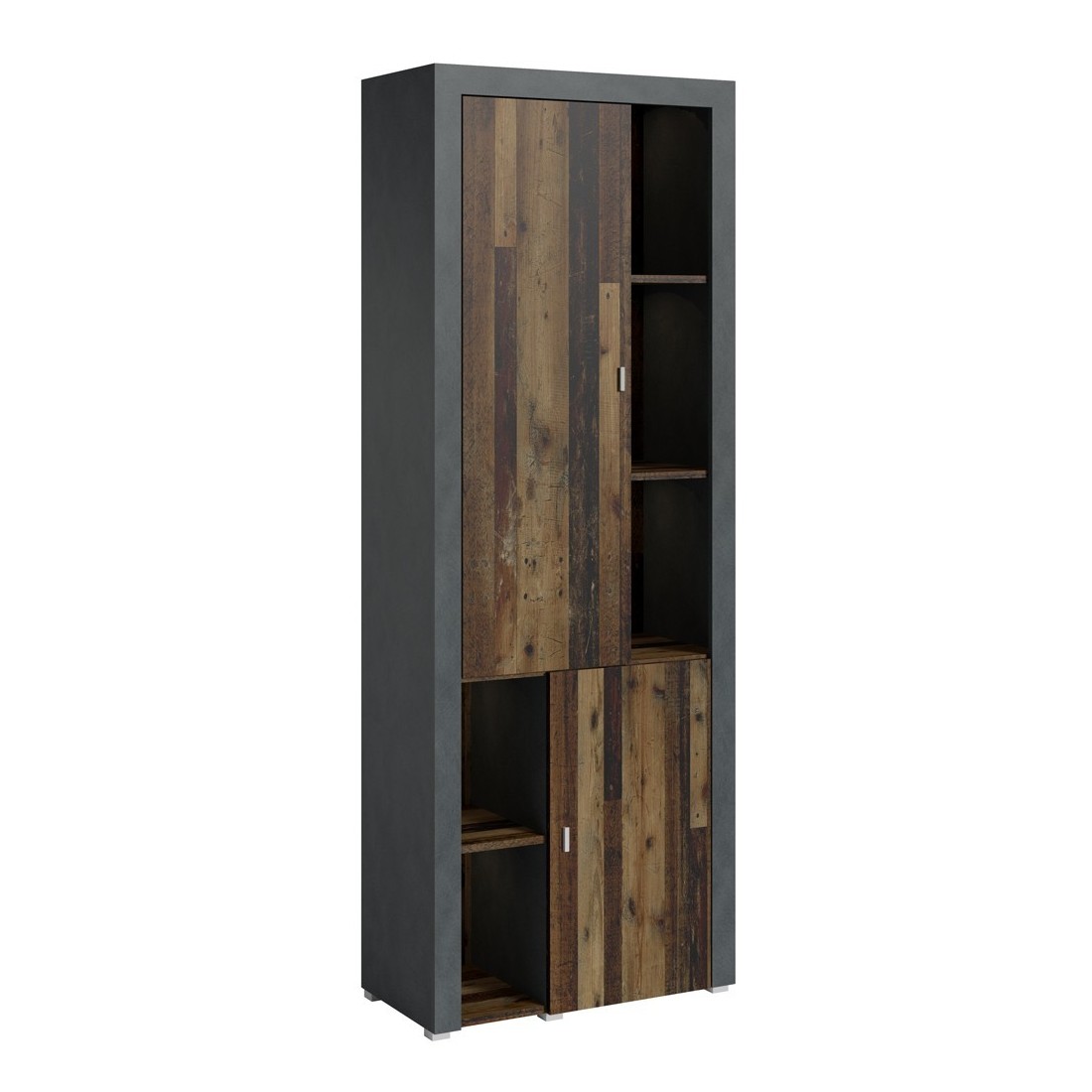 Vitrine haute design, 2 portes collection BELMONT. Couleur chêne foncé et gris.