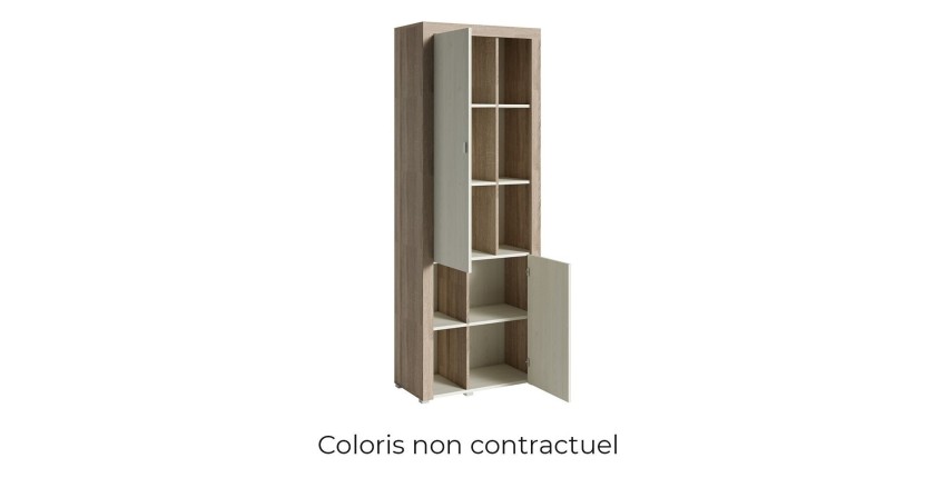 Vitrine haute design, 2 portes collection BELMONT. Couleur chêne foncé et gris.