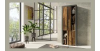 Vitrine haute design, 2 portes collection BELMONT. Couleur chêne foncé et gris.