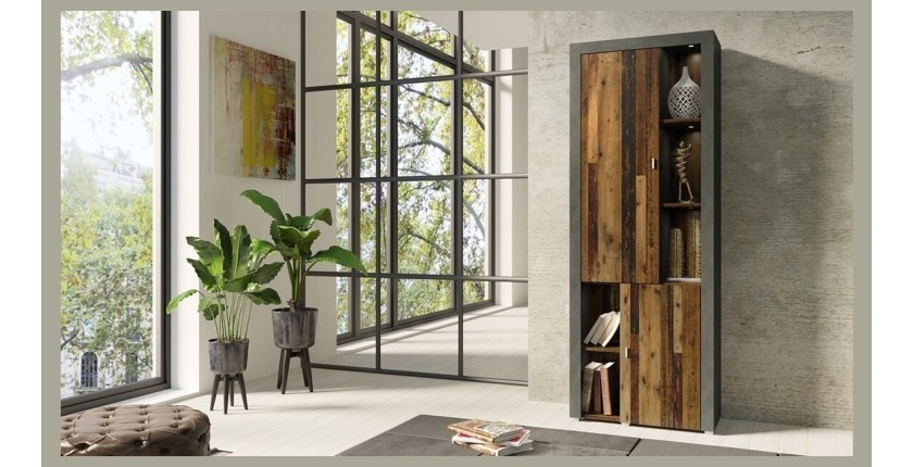 Vitrine haute design, 2 portes collection BELMONT. Couleur chêne foncé et gris.