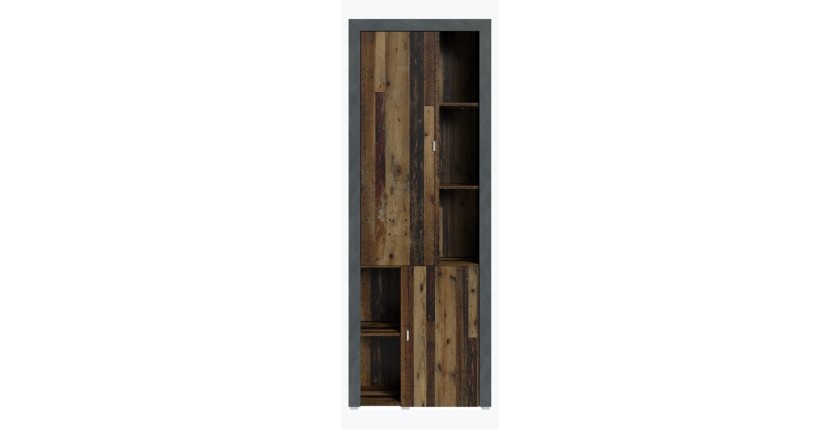 Vitrine haute design, 2 portes collection BELMONT. Couleur chêne foncé et gris.