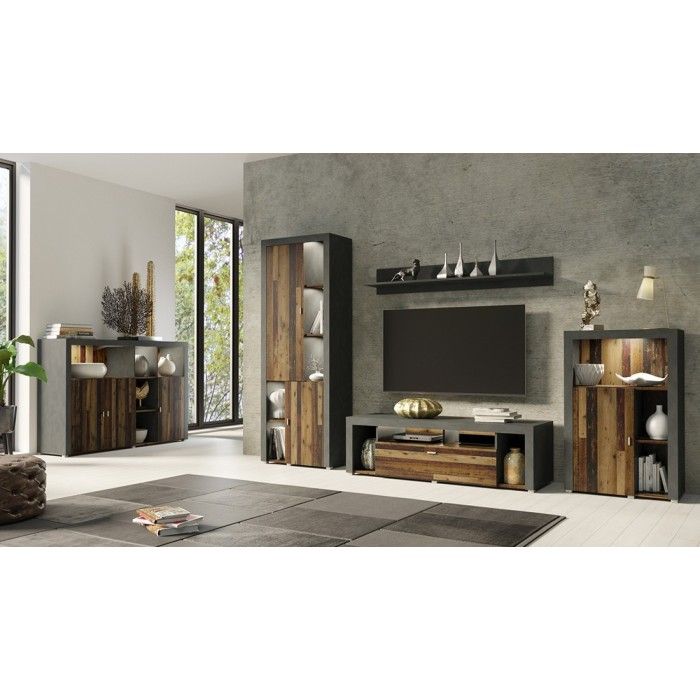 Vitrine haute design, 2 portes collection BELMONT. Couleur chêne foncé et gris.