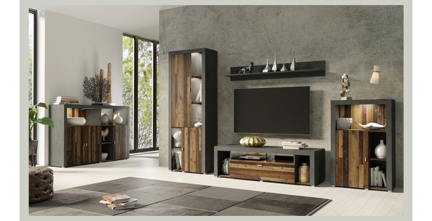 Vitrine haute design, 2 portes collection BELMONT. Couleur chêne foncé et gris.