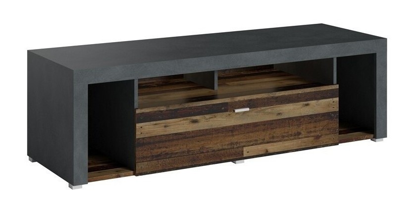 Meuble TV 150cm collection BELMONT. Coloris chêne foncé et gris foncé.
