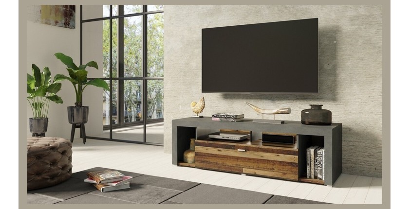 Meuble TV 150cm collection BELMONT. Coloris chêne foncé et gris foncé.