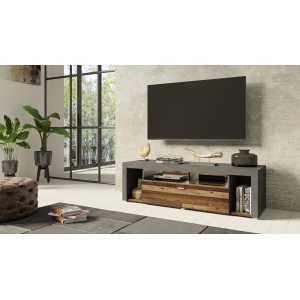 Meuble TV 150cm collection BELMONT. Coloris chêne foncé et gris foncé.