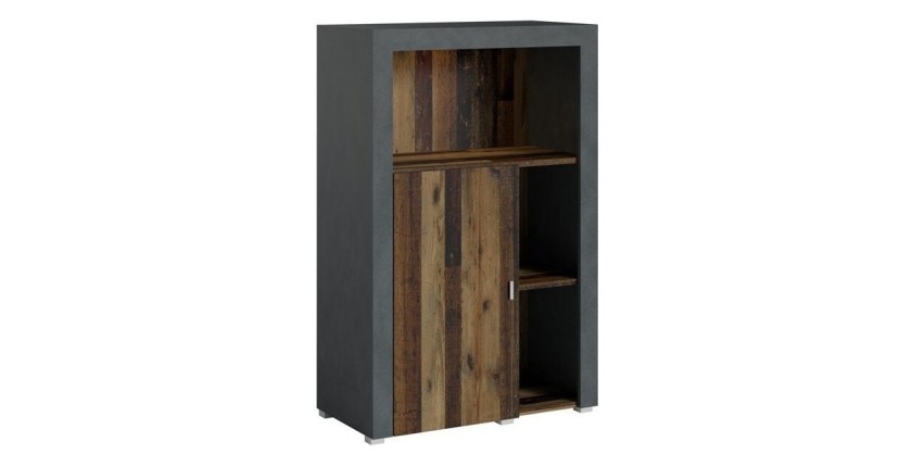 Buffet haut collection BELMONT une porte et trois niches. Coloris chêne foncé et gris foncé
