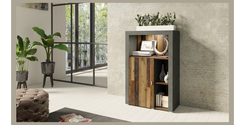 Buffet haut collection BELMONT une porte et trois niches. Coloris chêne foncé et gris foncé