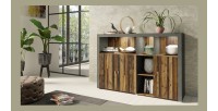 Buffet 160cm coloris chêne foncé et gris foncé avec nombreux rangements collection BELMONT.