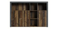 Buffet 160cm coloris chêne foncé et gris foncé avec nombreux rangements collection BELMONT.