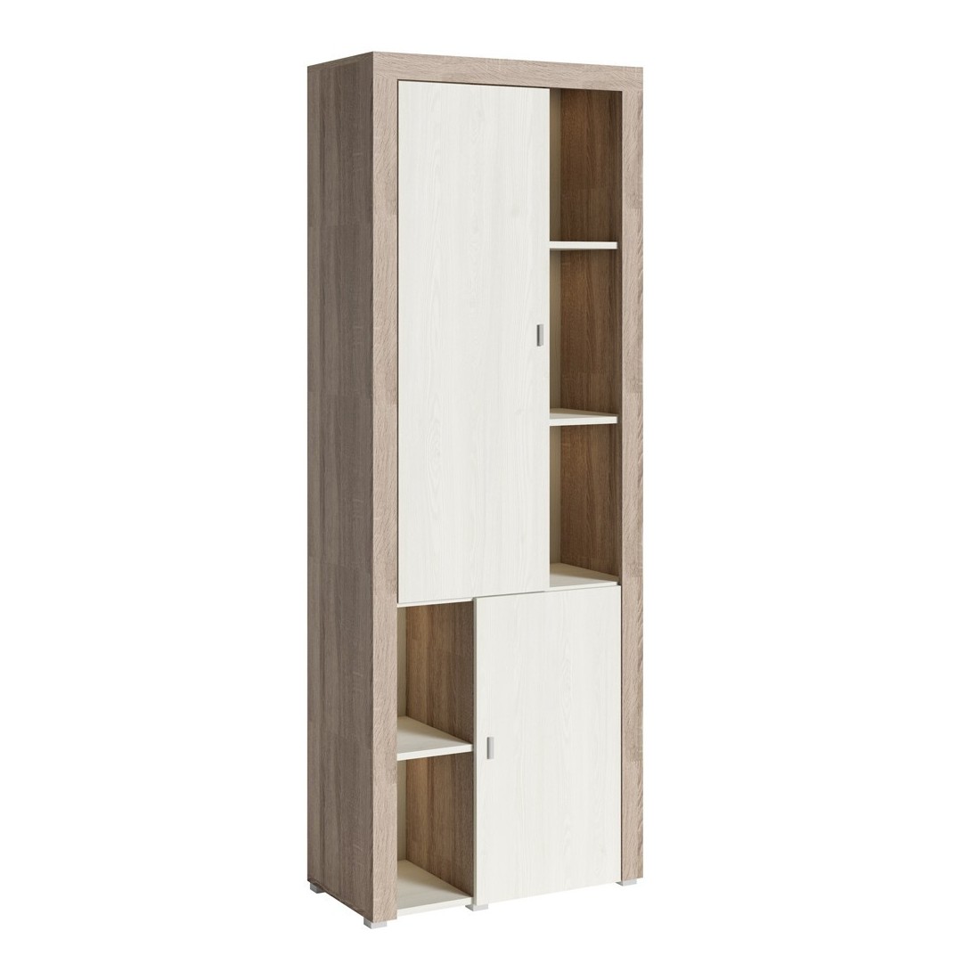Vitrine haute design, 2 portes collection BELMONT. Coloris chêne et blanc crème effet bois.