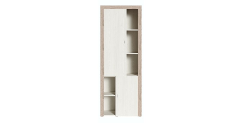 Vitrine haute design, 2 portes collection BELMONT. Coloris chêne et blanc crème effet bois.