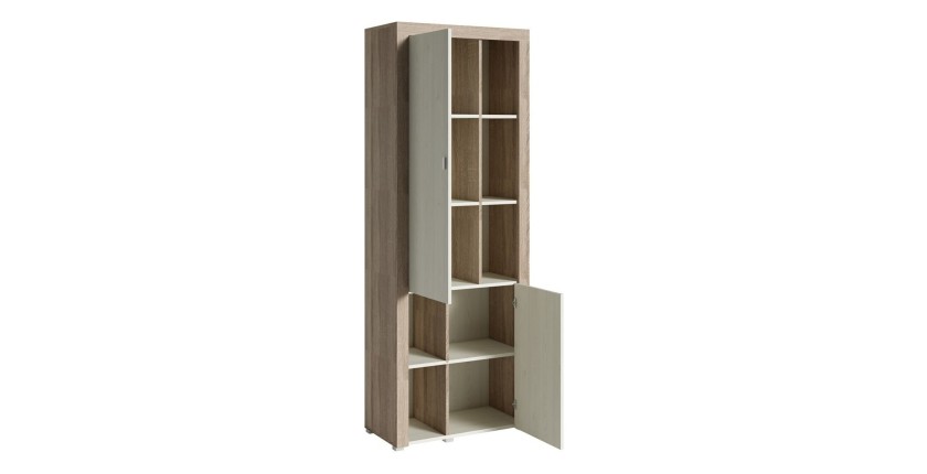 Vitrine haute design, 2 portes collection BELMONT. Coloris chêne et blanc crème effet bois.