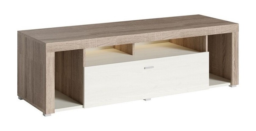 Meuble TV 150cm collection BELMONT. Coloris chêne et blanc crème effet bois.