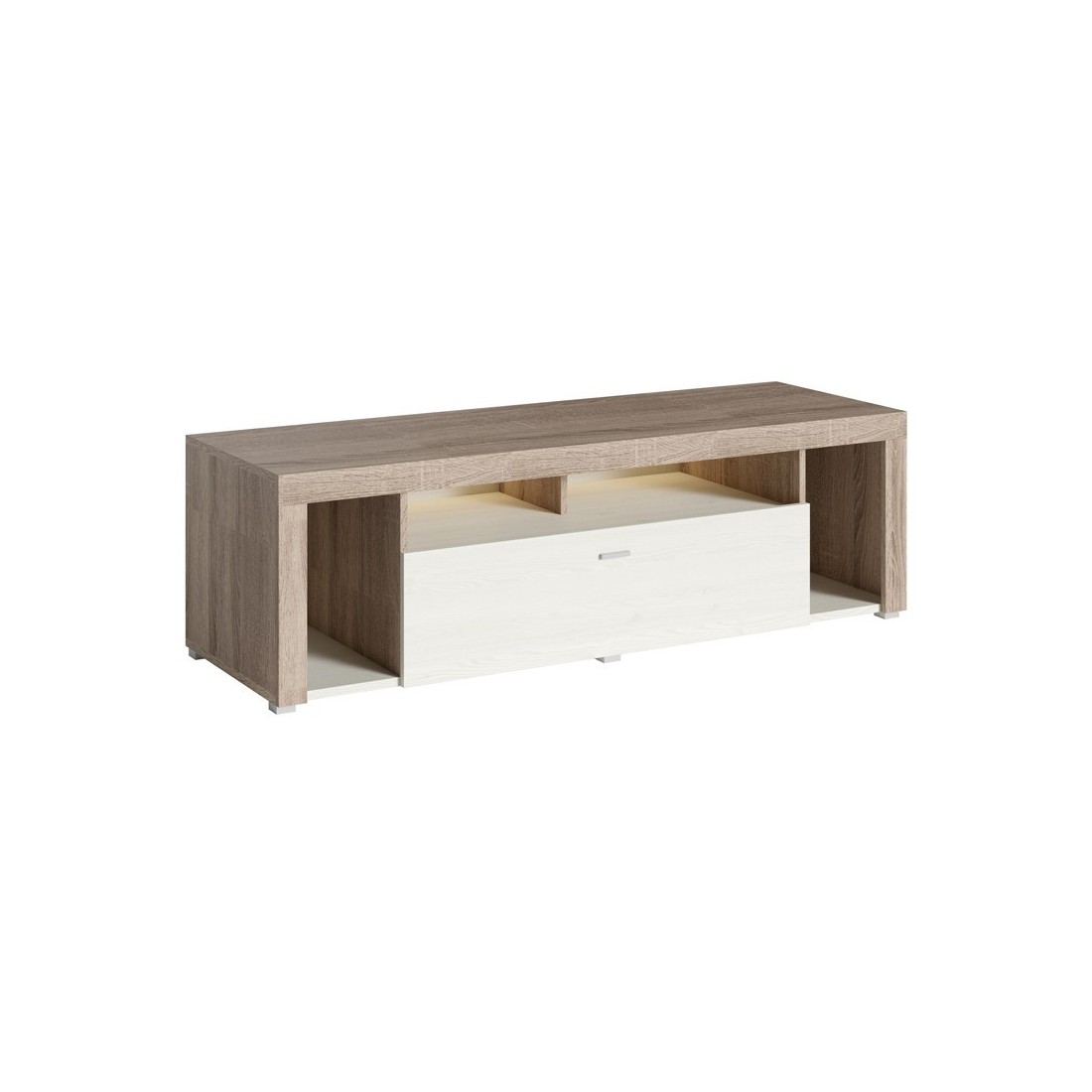 Meuble TV 150cm collection BELMONT. Coloris chêne et blanc crème effet bois.